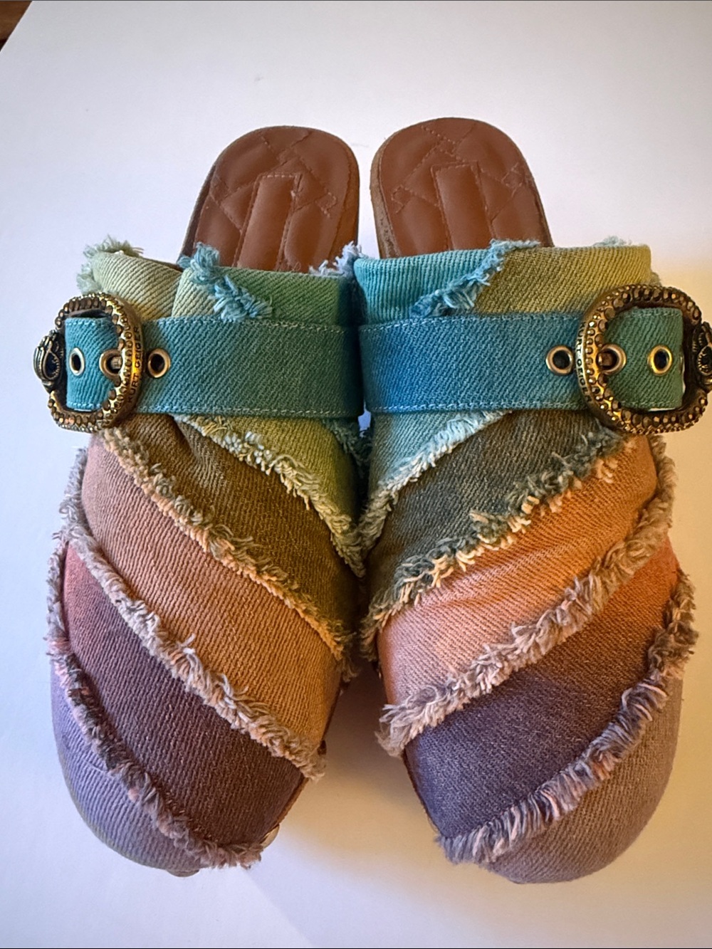 KURT GEIGER Multicolor Frayed Denim Slide Mules Hawk Buckle Size 8.5